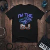Black t-shirt with neon blue "I'm The DJ" text and a glowing DJ mixer graphic