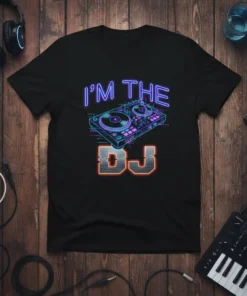 Black t-shirt with neon blue "I'm The DJ" text and a glowing DJ mixer graphic