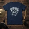 Navy t-shirt with "I'm The Drummer" text and graphic of drumsticks, snare drum, and vinyl records