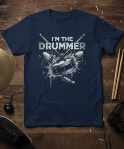 Navy t-shirt with "I'm The Drummer" text and graphic of drumsticks, snare drum, and vinyl records