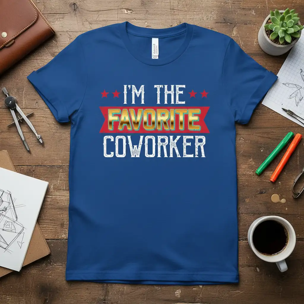 I'm The Favorite Coworker quote in gold and white typography on a blue tee, ideal for office humor