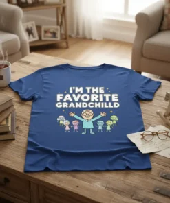 I'm The Favorite Grandchild text design with a happy grandparent and children graphic