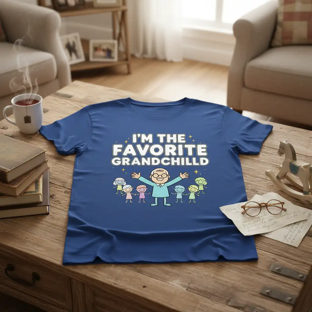 I'm The Favorite Grandchild quote with a joyful grandparent and kids illustration