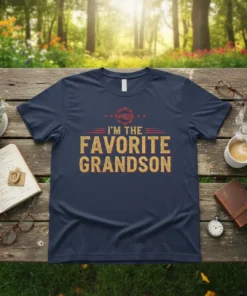 Navy t-shirt with "Official I'm The Favorite Grandson" text in distressed gold and red font, featuring vintage style accents