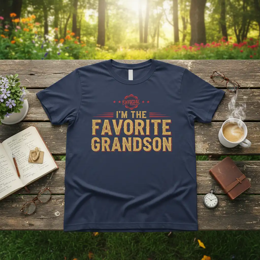 Official I'm The Favorite Grandson text design on a navy blue t-shirt with vintage distressed gold and red typography