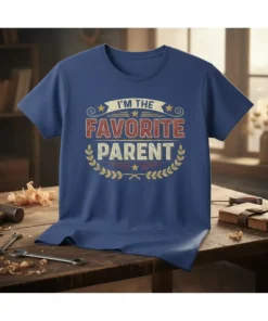 T-shirt with "I'm The Favorite Parent" text in vintage distressed font, surrounded by laurel wreath and stars
