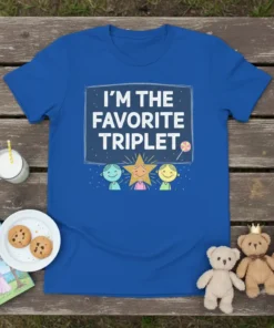 Blue t-shirt with white text "I'm the Favorite Triplet" and cute cartoon triplets graphic