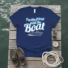 Navy t-shirt with white and red text saying "I'm the friend with the Boat" and a graphic of a boat