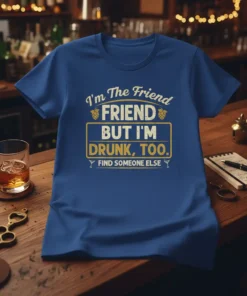 Blue t-shirt with "I'm The Friend FRIEND BUT I'M DRUNK, TOO. FIND SOMEONE ELSE" text in yellow and white distressed