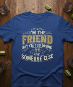I'm The Friend But I'm Too Drunk Find Someone Else funny quote t-shirt design with beer mugs graphic