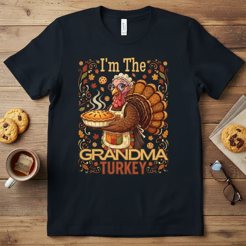 I'm The Grandma Turkey Thanksgiving shirt with a cute turkey character holding a pie and festive autumn elements