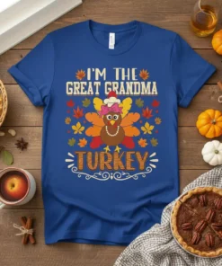 I'm the Great Grandma Turkey design with a cute cartoon turkey wearing a Santa hat and bow, surrounded by autumn