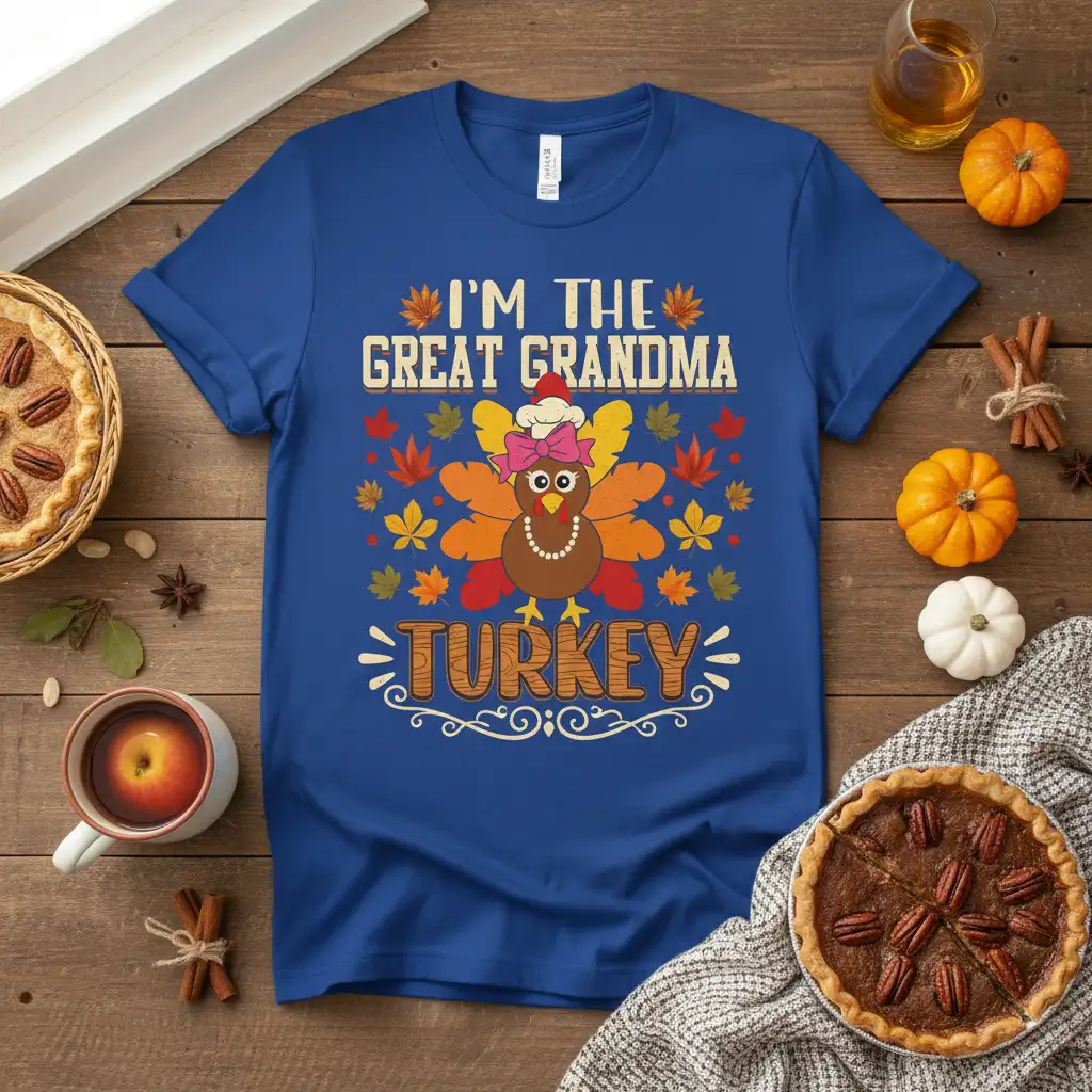 I'm the Great Grandma Turkey quote with a festive cartoon turkey and autumn leaves graphic on a blue t-shirt