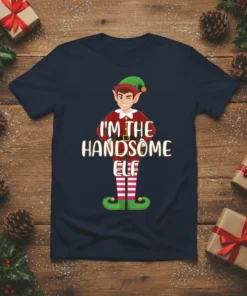 Navy blue t-shirt with "I'm The Handsome Elf" text and cartoon elf graphic, festive holiday design