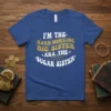 Big Sister "I'm The Hard Working Big Sister Aka The Sugar Sister" quote on a blue t-shirt