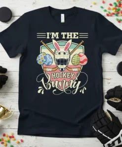 I'm The Hockey Bunny t-shirt design with hockey gear and Easter eggs