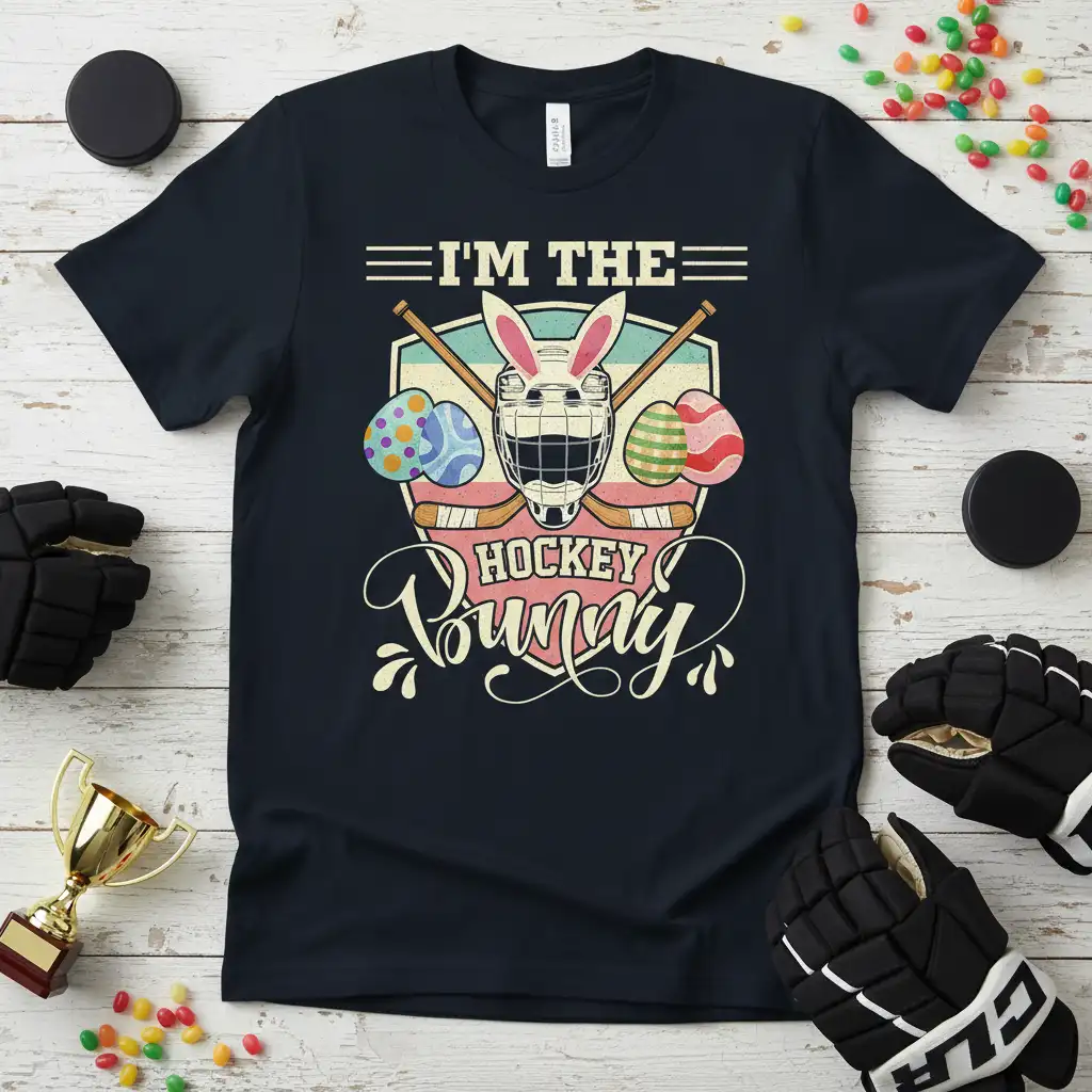 I'm The Hockey Bunny quote with hockey helmet and Easter eggs graphic on t-shirt