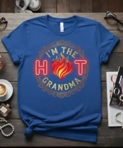 I'm The Hot Grandma text design with a fiery heart graphic, surrounded by ornate gold detailing on a blue t-shirt