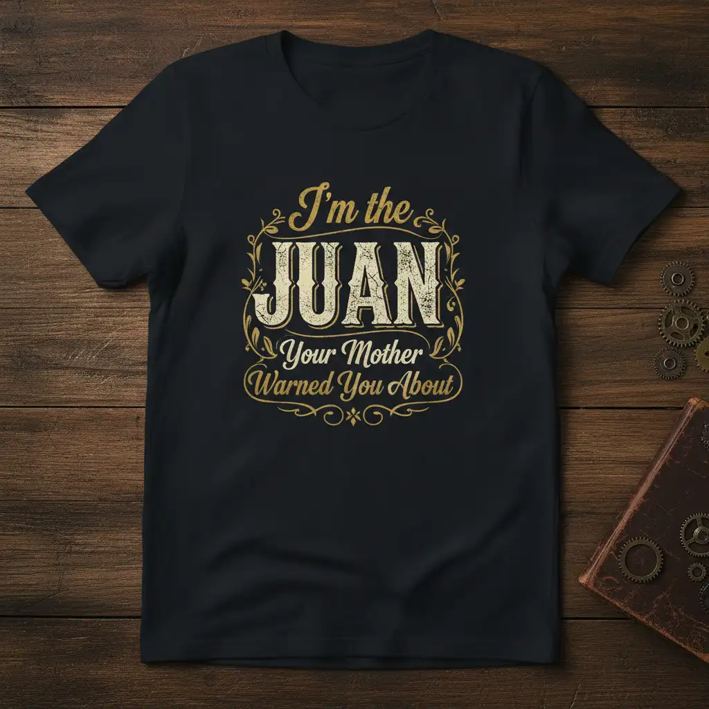 I'm the JUAN Your Mother Warned You About quote in distressed vintage typography on a black t-shirt