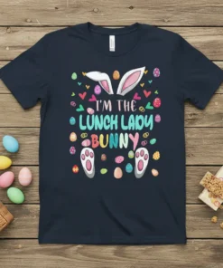 I'm the Lunch Lady Bunny t-shirt design featuring Easter eggs, hearts, and bunny ears and paws