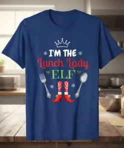 I'm the Lunch Lady Elf Christmas T-Shirt with festive fonts, snowflakes, holly, elf shoes, and cutlery graphics