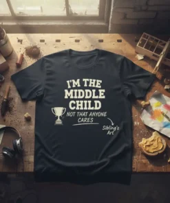 I'm The Middle Child Not That Anyone Cares funny quote t-shirt with a trophy graphic and 'Sibling's Art' text