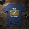 I'm The Nicest Asshole You'll Ever Meet text with a crowned bulldog graphic on a navy blue t-shirt