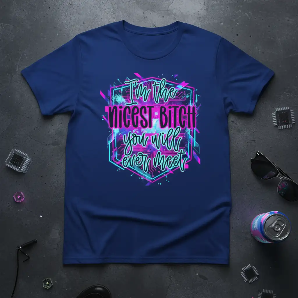 I'm the Nicest BITCH You Will Ever Meet quote in vibrant neon pink and blue on a t-shirt design
