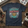 I'm The Nicest Rude Person Ever quote on a navy t-shirt with skulls and roses graphic design