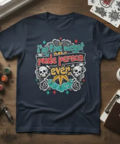 I'm The Nicest Rude Person Ever quote on a navy t-shirt with skulls and roses graphic design