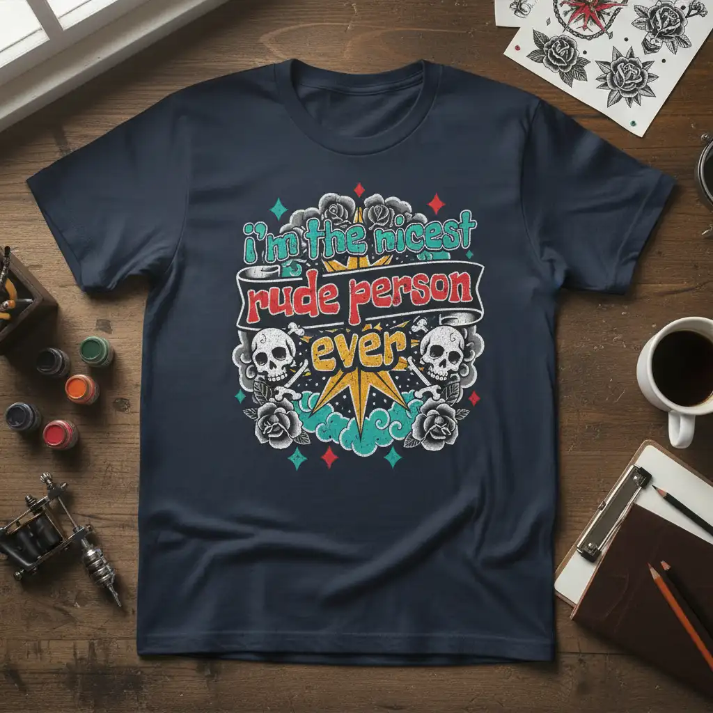 I'm the nicest rude person ever quote with skulls and roses graphic on a dark t-shirt