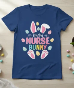T-shirt with "I'm the Nurse Bunny" text, pink bunny ears, and colorful Easter eggs