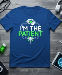 I'm The Patient t-shirt with a white brain graphic and green text, featuring a caduceus symbol