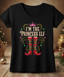I'm The Princess Elf Christmas t-shirt design with crown, elf legs, and festive swirls
