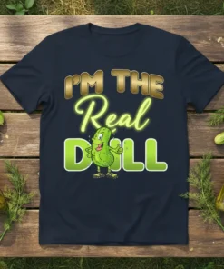 I'm The Real Dill funny pickle quote on a dark t-shirt with a cartoon pickle character giving a thumbs up