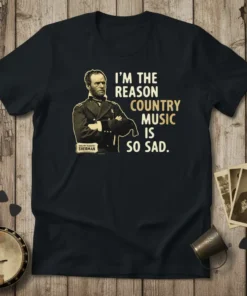 Black t-shirt with the quote "I'm The Reason Country Music Is So Sad" and a portrait of General William Tecumseh