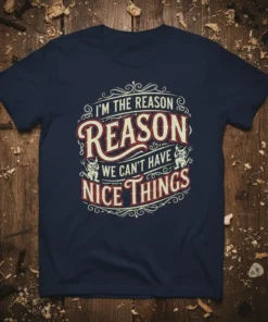 Navy t-shirt with the quote "I'M THE REASON REASON WE CAN'T HAVE NICE THINGS" in vintage typography, featuring small devil