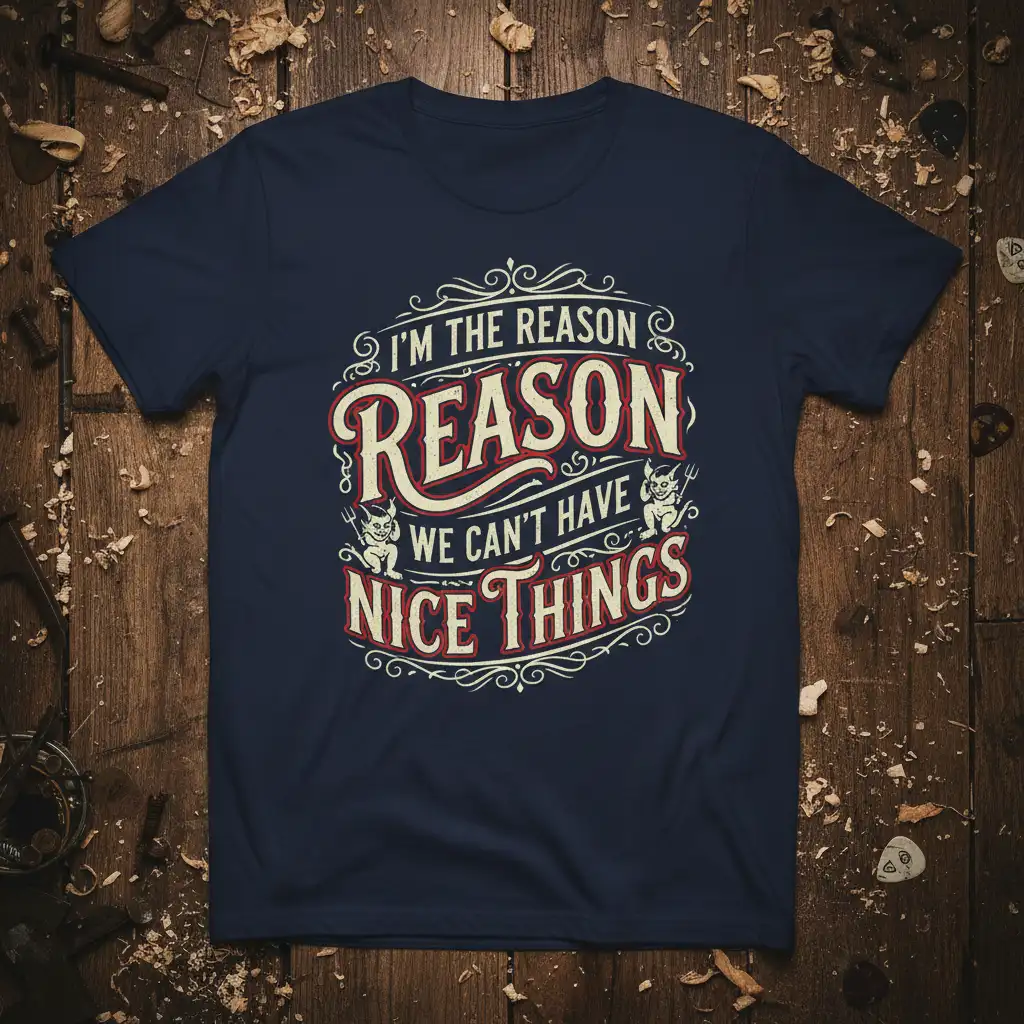 I'M THE REASON REASON WE CAN'T HAVE NICE THINGS quote on a navy tee with devil illustrations
