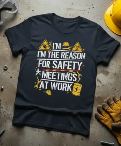 Dark t-shirt with white text "I'm The Reason For Safety Meetings At Work" and construction-themed graphics