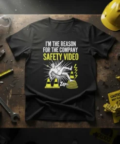 Black t-shirt with white and yellow text "I'm The Reason For The Company Safety Video" and a graphic of a