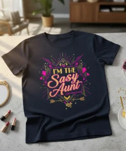T-shirt with the text "I'M THE Sasy Aunt" in a stylish, glittery font with pink and gold accents