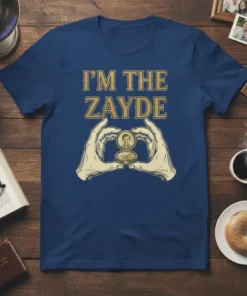 I'm The Zayde t-shirt design with gold text and a graphic of hands holding a vintage locket with a child's