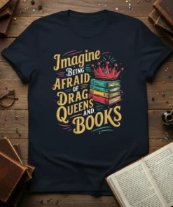 T-shirt with the quote "Imagine Being Afraid of Drag Queens and Books" and a stack of colorful books topped with