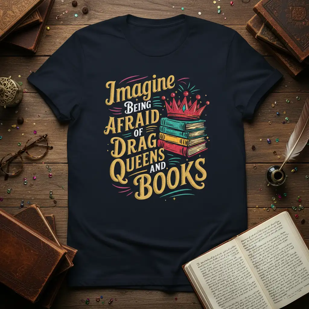Imagine Being Afraid of Drag Queens and Books quote tee with books and crown graphic