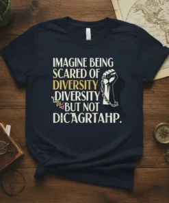 Navy t-shirt with bold white and yellow text "Imagine Being Scared of Diversity But Not Dicagrtahp." and a graphic of