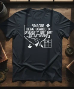 T-shirt with white text "IMAGINE BEING SCARED OF DIVERSITY BUT NOT DICTATORSHIP" and geometric graphics on a black tee