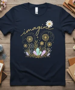 Navy t-shirt with the word "imagine" in gold script, adorned with dandelions, crystals, and a daisy graphic
