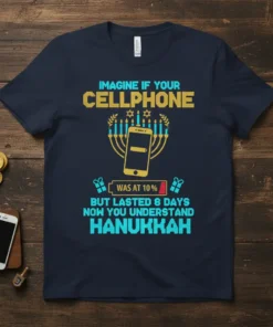 Imagine if your cellphone was at 10% but lasted 8 days now you understand Hanukkah text design with menorah graphic