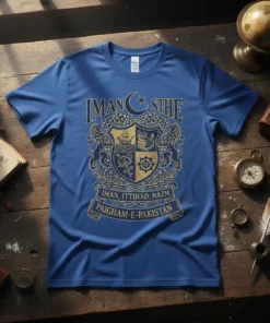 Blue t-shirt with gold emblem featuring "Iman, Ittihad, Nazm Paigham-e-Pakistan" text and Pakistani coat of arms elements