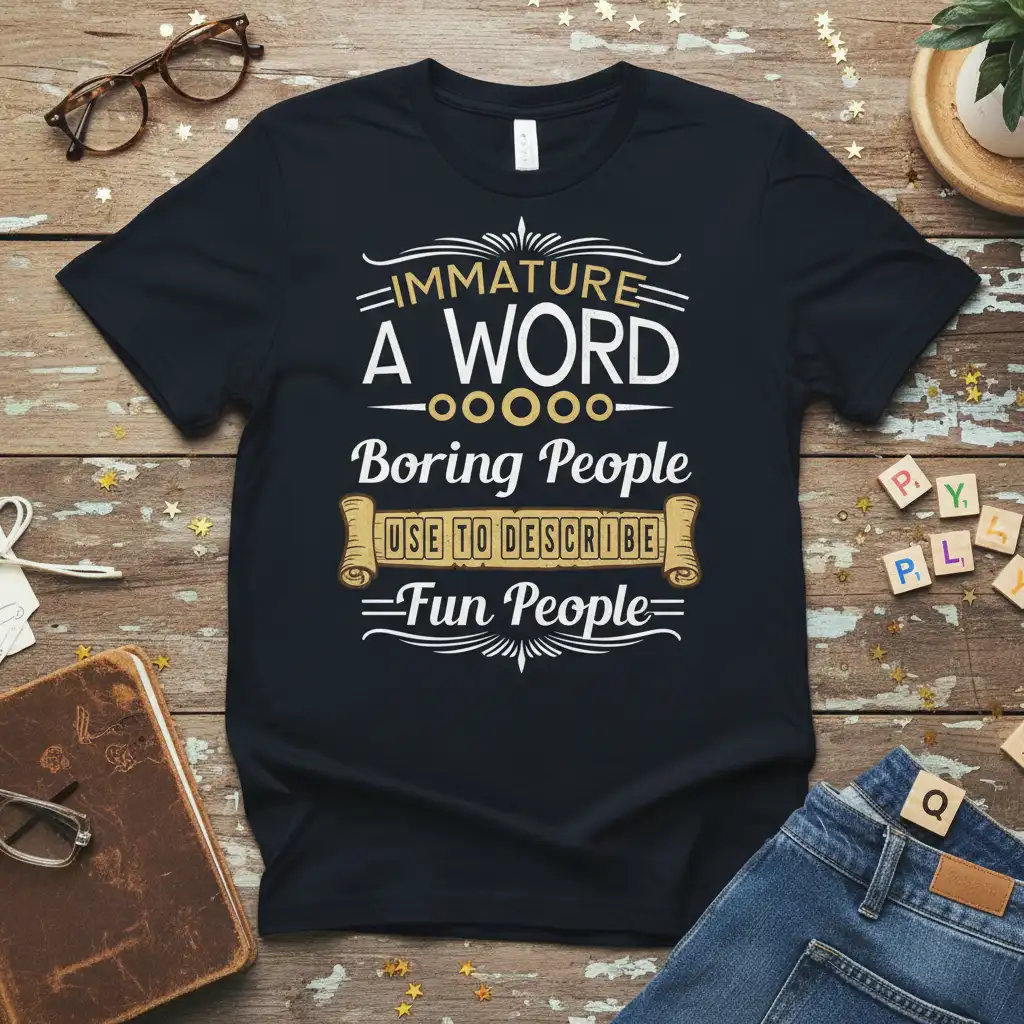 Immature A Word Boring People Use To Describe Fun People quote on black t-shirt design